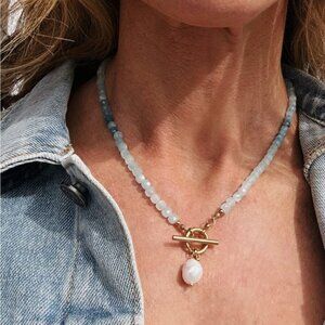 March Birthstone Necklace Aquamarine Beaded Jewelry Waterproof Pearl Pendant